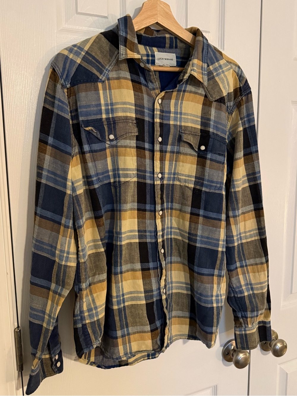 Lucky Brand Plaid Button-Up Shirt in Navy, Yellow & Cream